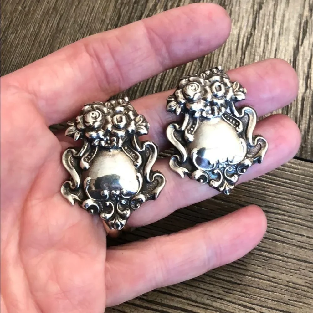 Sterling Silver Repousse Clip Earrings Baroque